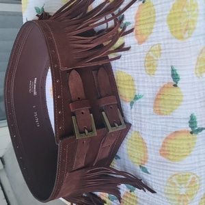 Vintage Boho Made in Italy Leather Suede Double Buckle Fringe Dark Brown Belt